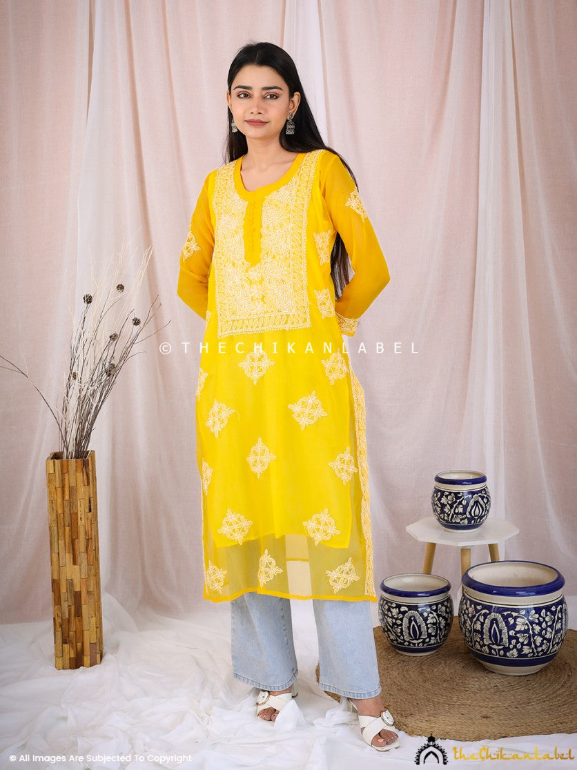 Georgette Embroidered Yellow Lucknowi Chikankari Work Rayon Kurti Pant Set  With Dupatta, Semi Stitched at Rs 1200 in Tiruchirappalli